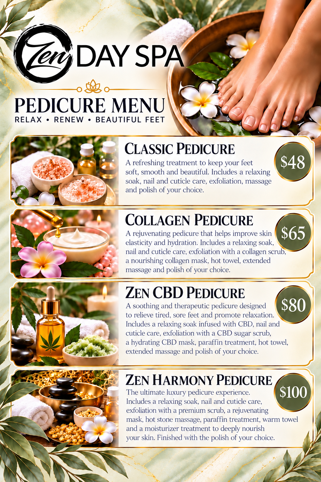 Zen Day Spa Pedicure Menu — Classic $48, Collagen $65, Zen CBD $80, Zen Harmony $100